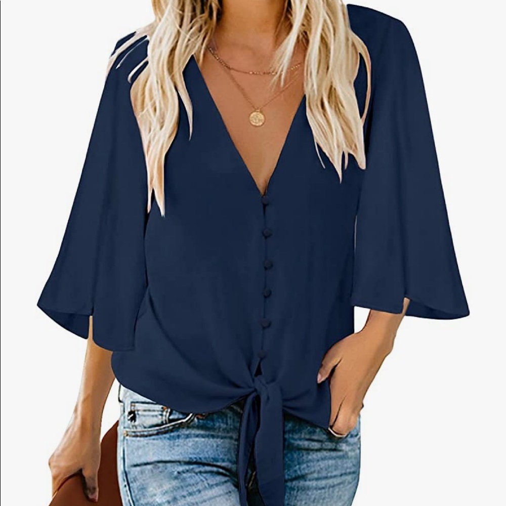 size large navy blue button up and tie front shirt